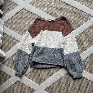 Altar'd State Brown, Gray, and Cream Striped Crew Neck Sweater